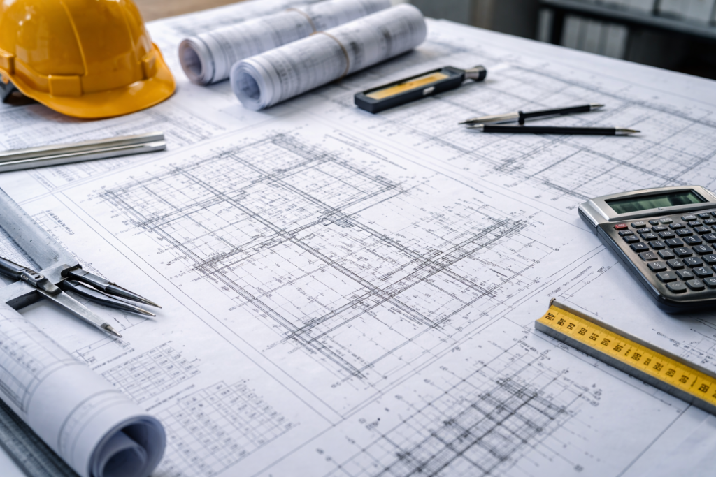 Engineering blueprints and construction plans laid out on a worktable, representing professional concrete planning and structural design